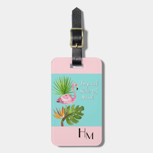 Cute Tropical Flamingo monogram bagagelabel (Voorkant verticaal)