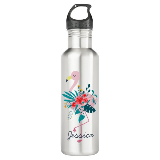 Cute Tropical Floral Flamingo Art, gepersonaliseer Waterfles (Voorkant)