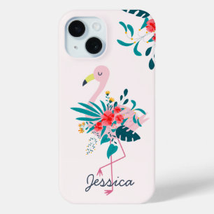 Cute Tropical Floral Flamingo iPhone 15 Case