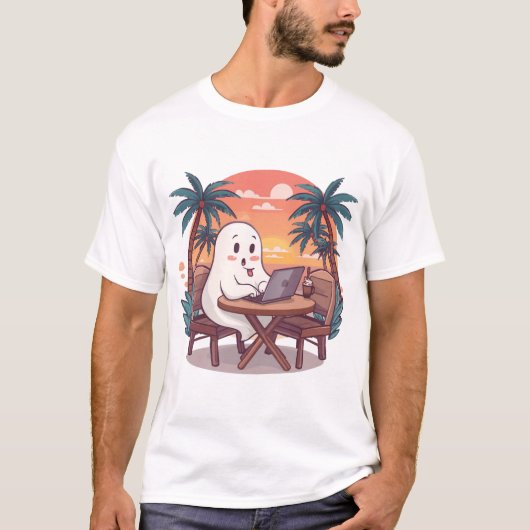 Cute Tropical Ghost Digital Nomad Halloween Design T-shirt (Voorkant)