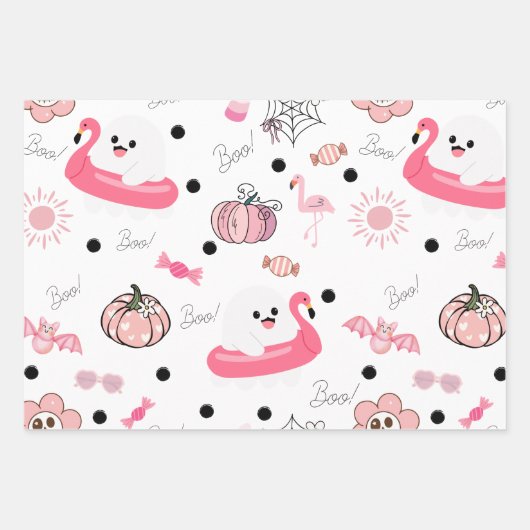 Cute Tropical Halloween - Pink Ghosts & Flamingos Inpakpapier Vel (Voorkant 3)