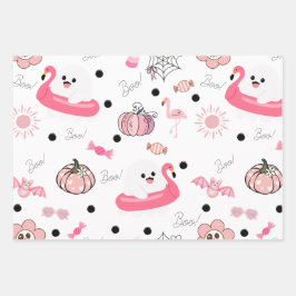 Cute Tropical Halloween - Pink Ghosts & Flamingos Inpakpapier Vel