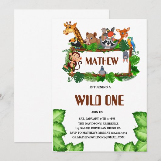 Cute Tropical Jungle Safari Wild One 1st Kaart (Voorkant / Achterkant)