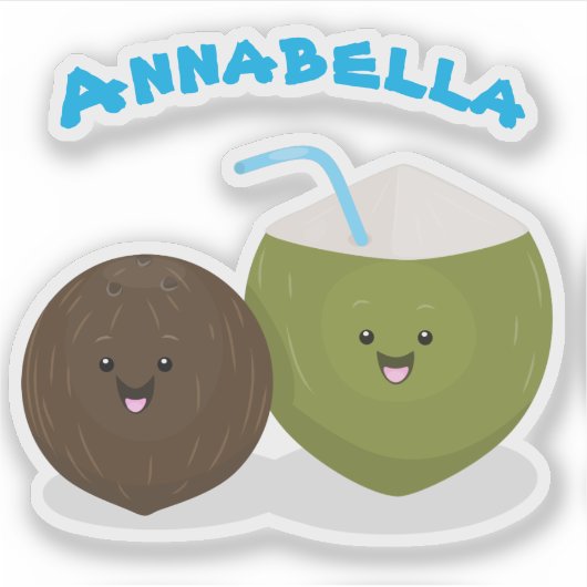 Cute tropical kawaii coconuts cartoon sticker (Voorkant)