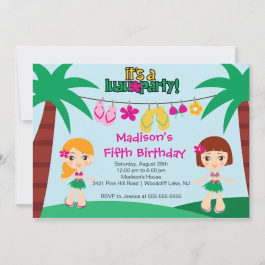 Cute Tropical Luau Party Birthday Invitation Kaart (Voorkant)