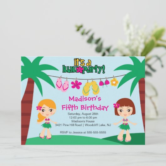 Cute Tropical Luau Party Birthday Invitation Kaart (Staand voorkant)