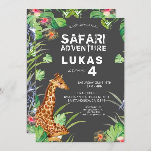 Cute Tropical Oerwoud Safari Giraffe Birthday Kaart (Voorkant / Achterkant)