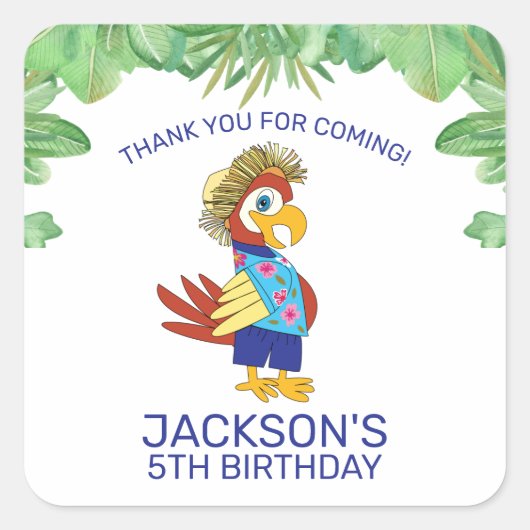 Cute Tropical Parrot Kids Birthday Party Dank u Vierkante Sticker (Voorkant)
