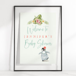 Cute Tropical Penguin Pink Baby Girl Baby shower Poster
