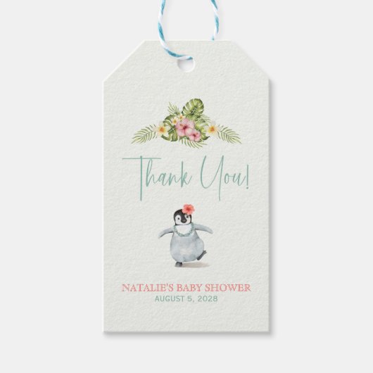 Cute Tropical Penguin Pink Baby shower Cadeaulabel (Voorkant)