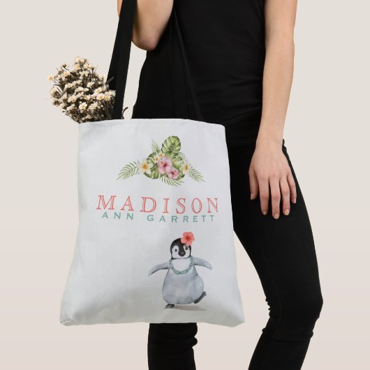 Cute Tropical Penguin Pink toevoegen Naam Baby Tote Bag (Dichtbij)