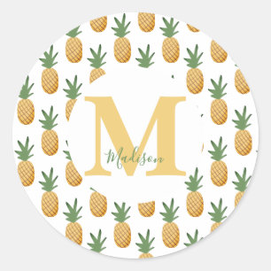 Cute Tropical Pineapple Monogram Classic Round St. Ronde Sticker