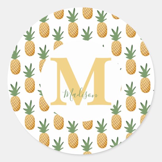 Cute Tropical Pineapple Monogram Classic Round St. Ronde Sticker (Voorkant)