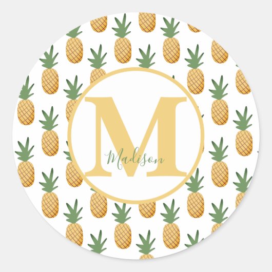 Cute Tropical Pineapple Monogram Name Classic Rou Ronde Sticker (Voorkant)