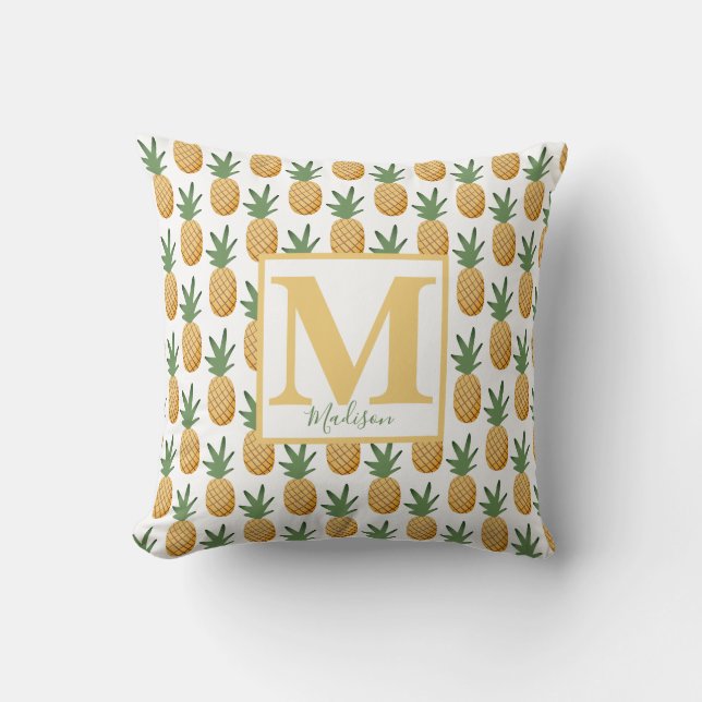 Cute Tropical Pineapple Monogram Name Throw Pillo Kussen (Voorkant)