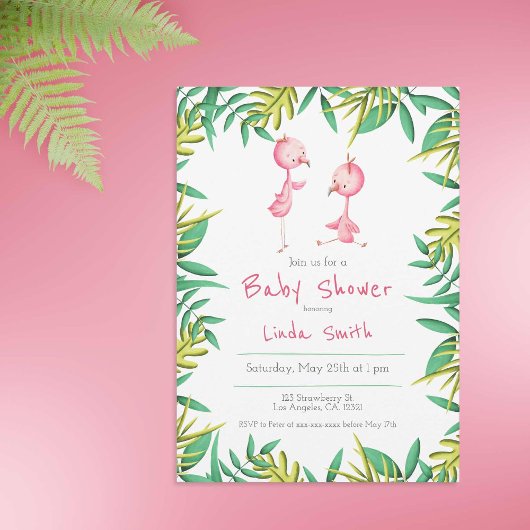 Cute Tropical Pink Flamingo Baby shower Kaart