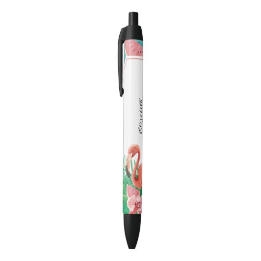 Cute Tropical Pink Flamingo Watermelon Zwarte Inkt Pen (Top (Verticaal))