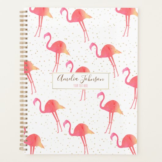 Cute Tropical Waterverf Flamingo Gold Sparkles Planner (Voorkant)