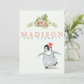 Cute tropische pinguïn roze baby aankondiging (Staand voorkant)