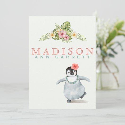 Cute tropische pinguïn roze baby aankondiging (Staand voorkant)