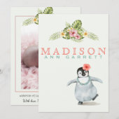 Cute tropische pinguïn roze baby aankondiging (Voorkant / Achterkant)