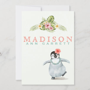 Cute tropische pinguïn roze baby aankondiging