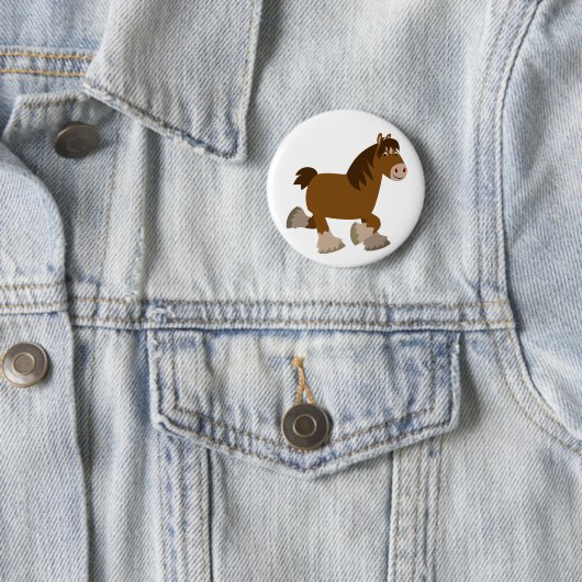Cute Trotting Cartoon Shire Horse Button Badge (In situ)