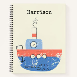 Cute Tug Boat Red Blue Illustratie Naam Aangepast Notitieboek