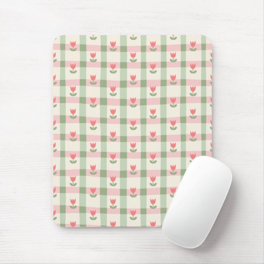 Cute Tulip Checkered Pattern | Pastel Floral Muismat (Met muis)