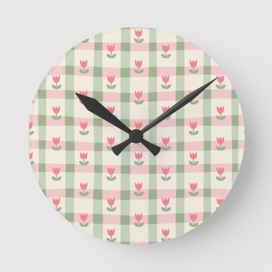 Cute Tulip Checkered Pattern | Pastel Floral Ronde Klok (Voorkant)
