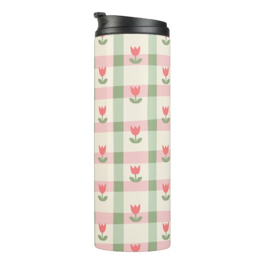Cute Tulip Checkered Pattern | Pastel Floral Thermosbeker (Geroteerd rechts)