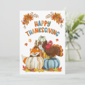 Cute Turkey and Retro Pumpkins Happy Thanksgiving Feestdagenkaart (Staand voorkant)