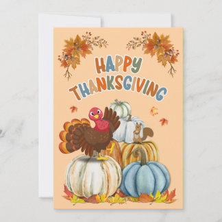 Cute Turkey and Retro Pumpkins Happy Thanksgiving Feestdagenkaart