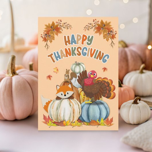 Cute Turkey and Retro Pumpkins Happy Thanksgiving Feestdagenkaart
