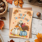 Cute Turkey and Retro Pumpkins Happy Thanksgiving Feestdagenkaart