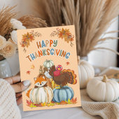 Cute Turkey and Retro Pumpkins Happy Thanksgiving Feestdagenkaart