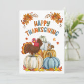 Cute Turkey and Retro Pumpkins Happy Thanksgiving Feestdagenkaart (Staand voorkant)