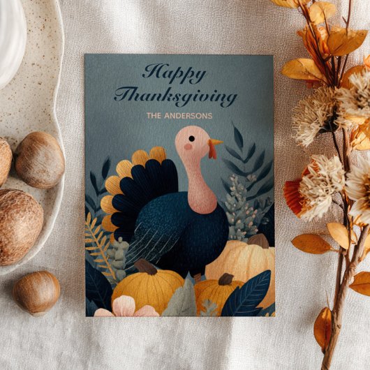 Cute Turkey& Autumn Foliage Happy Thanksgiving Feestdagenkaart