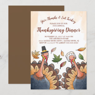 Cute Turkey Coule Thanksgiving Dinner Invitation Kaart