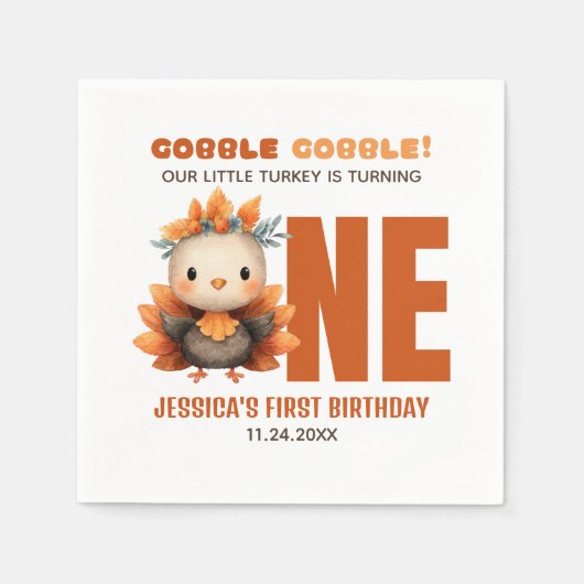 Cute Turkey Gobble Thanksgiving 1st Birthday Servet (Voorkant)