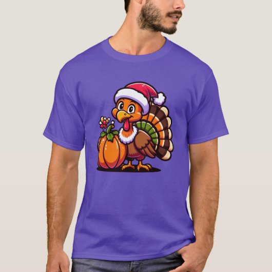 Cute Turkey Posing with Pumpkin Autumn Harvest Ani T-shirt (Voorkant)
