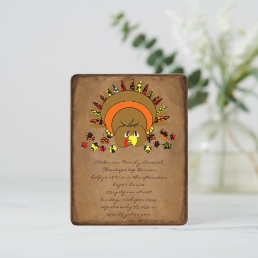 Cute Turkey Thanksgiving Dinner Invitation Kaart (Staand voorkant)