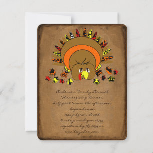 Cute Turkey Thanksgiving Dinner Invitation Kaart
