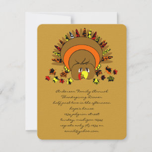 Cute Turkey Thanksgiving Dinner Invitation Kaart