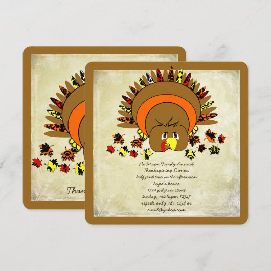 Cute Turkey Thanksgiving Dinner Invitation Kaart (Voorkant / Achterkant)