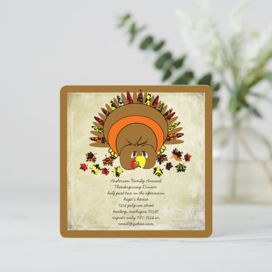 Cute Turkey Thanksgiving Dinner Invitation Kaart (Staand voorkant)