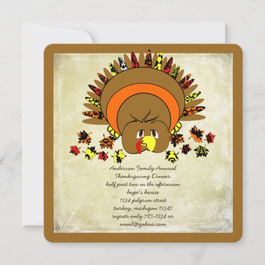 Cute Turkey Thanksgiving Dinner Invitation Kaart (Voorkant)