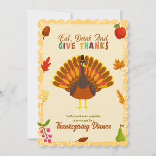 Cute Turkey Thanksgiving Dinner Invitation Kaart