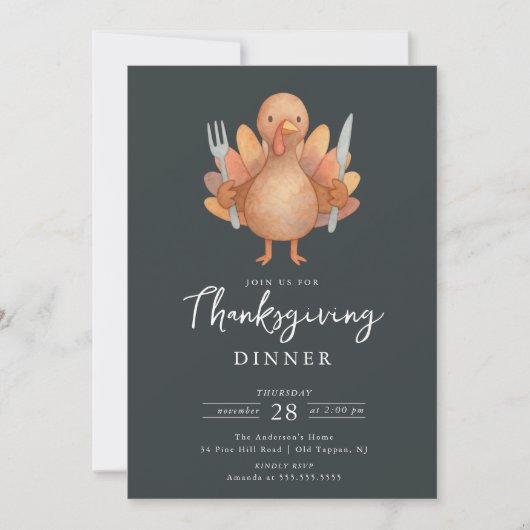 Cute Turkey Thanksgiving Dinner Invitation Kaart (Voorkant)