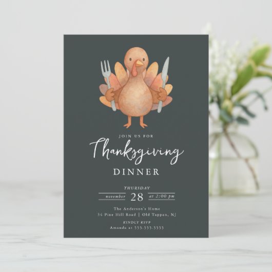 Cute Turkey Thanksgiving Dinner Invitation Kaart (Staand voorkant)